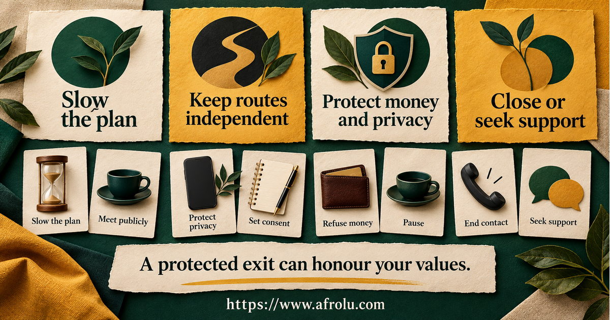 Equal-choice board for faith-led Nairobi dating with options to slow a plan, meet publicly, protect community privacy, set consent boundaries, refuse money, pause, end contact, document concern and seek support