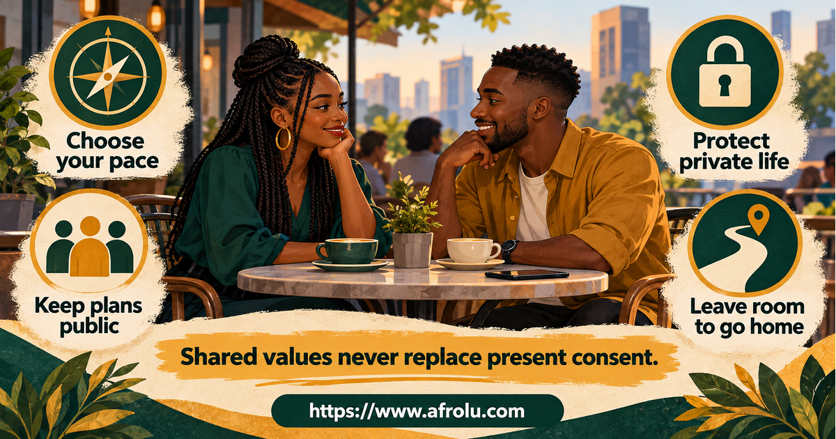 Two fictional faith-led adults at a calm public Nairobi cafe use a safety compass for values, public plans, community privacy, consent, money and a free route home