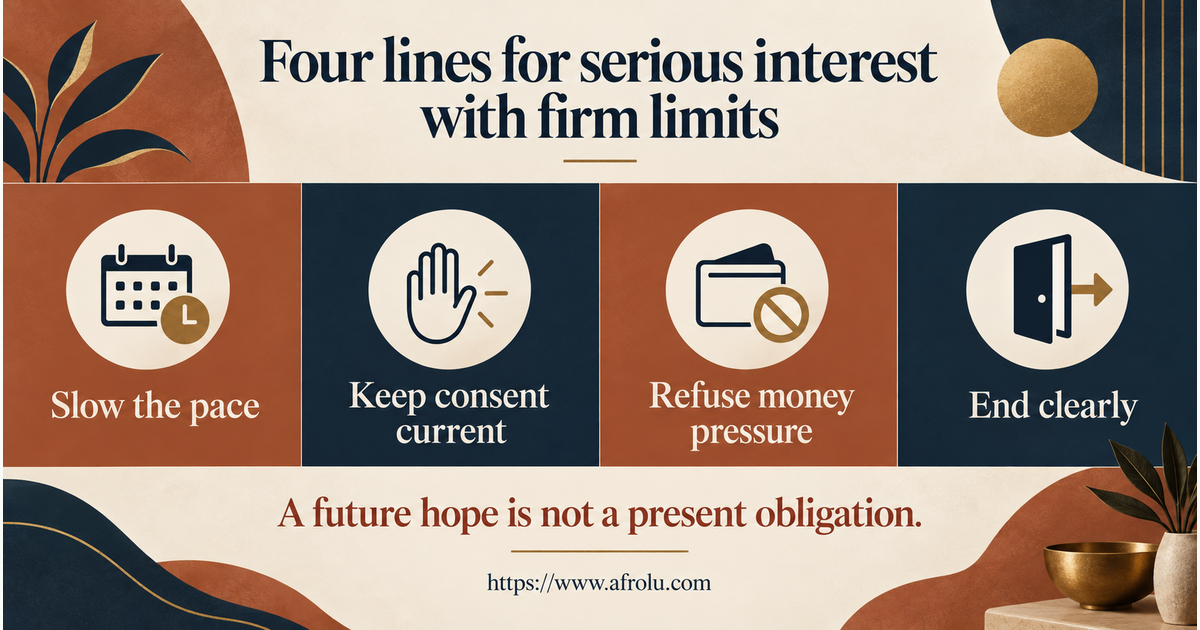 Four large scripts for slowing a family invitation, setting a sexual boundary, refusing money pressure and ending a serious-looking faith-led connection