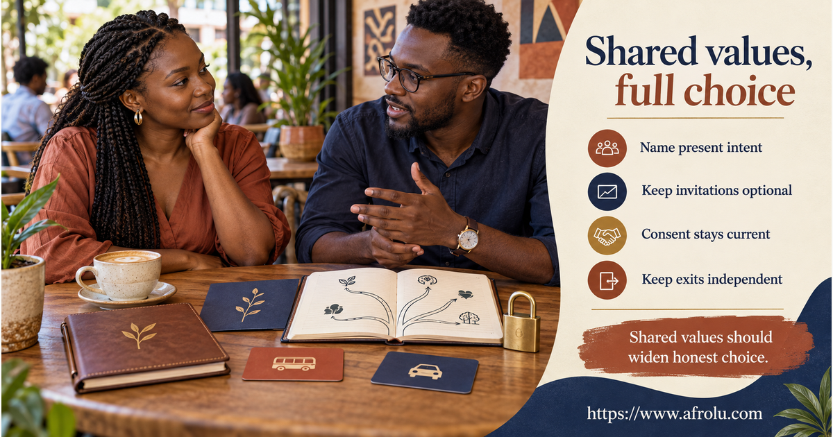 Two faith-led adults in a calm public weekend cafe use a serious-dating choice map for values, consent, family invitations, independent transport and financial privacy