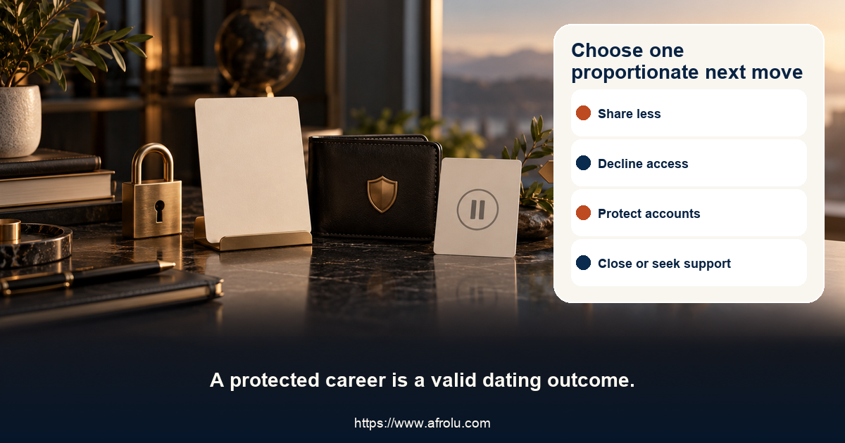 Equal-choice board for later dating entrants with options to keep a work detail broad, decline a referral, protect accounts, slow a commitment, end contact, document concern and seek support