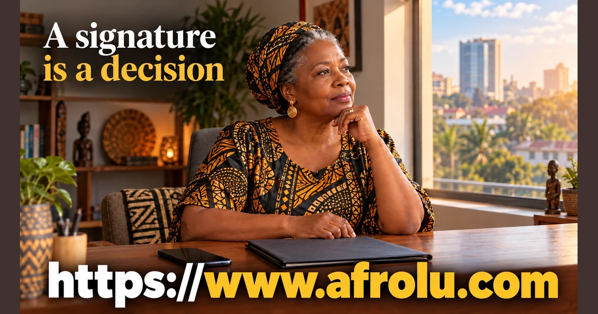 An older woman sits at a desk with a closed folder.