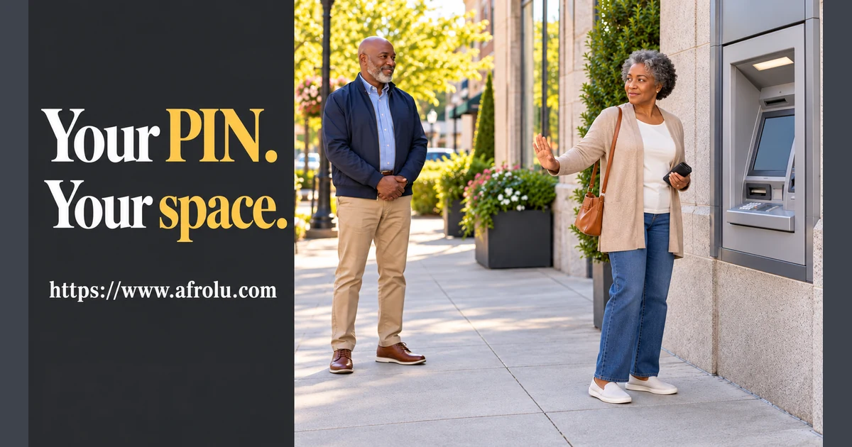 An older adult asks her date for space beside a cash machine.