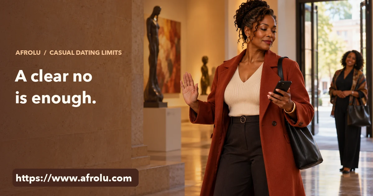 A woman in an art gallery lobby holds her phone and raises a calm hand, with an open exit behind her.