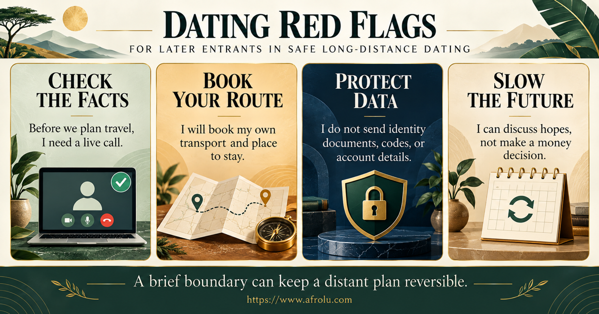 Four large plain-language boundary scripts for a later entrant to request a live call, keep travel independent, refuse money or document requests, and slow future decisions
