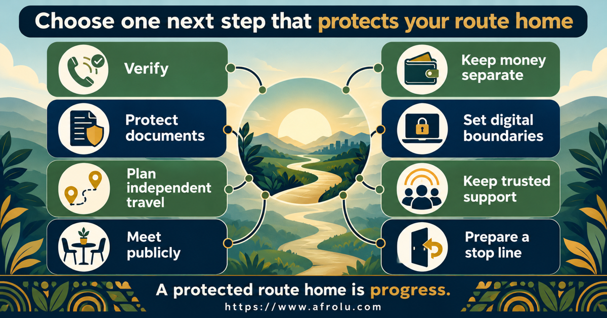 Equal-choice board for a later entrant in long-distance dating with options to verify, choose a public meeting, book independently, protect data, refuse money, pause, end contact and seek support