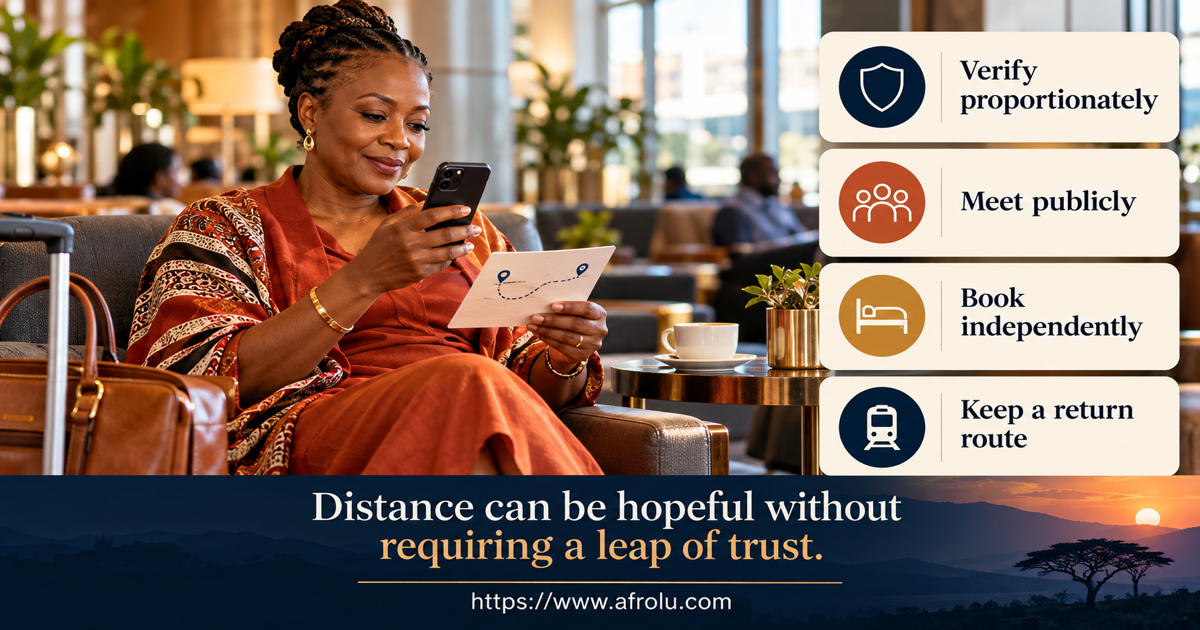 Adult later entrant at a public travel lounge uses a long-distance dating safety map with a live call check, public meeting, independent lodging, private data and return route