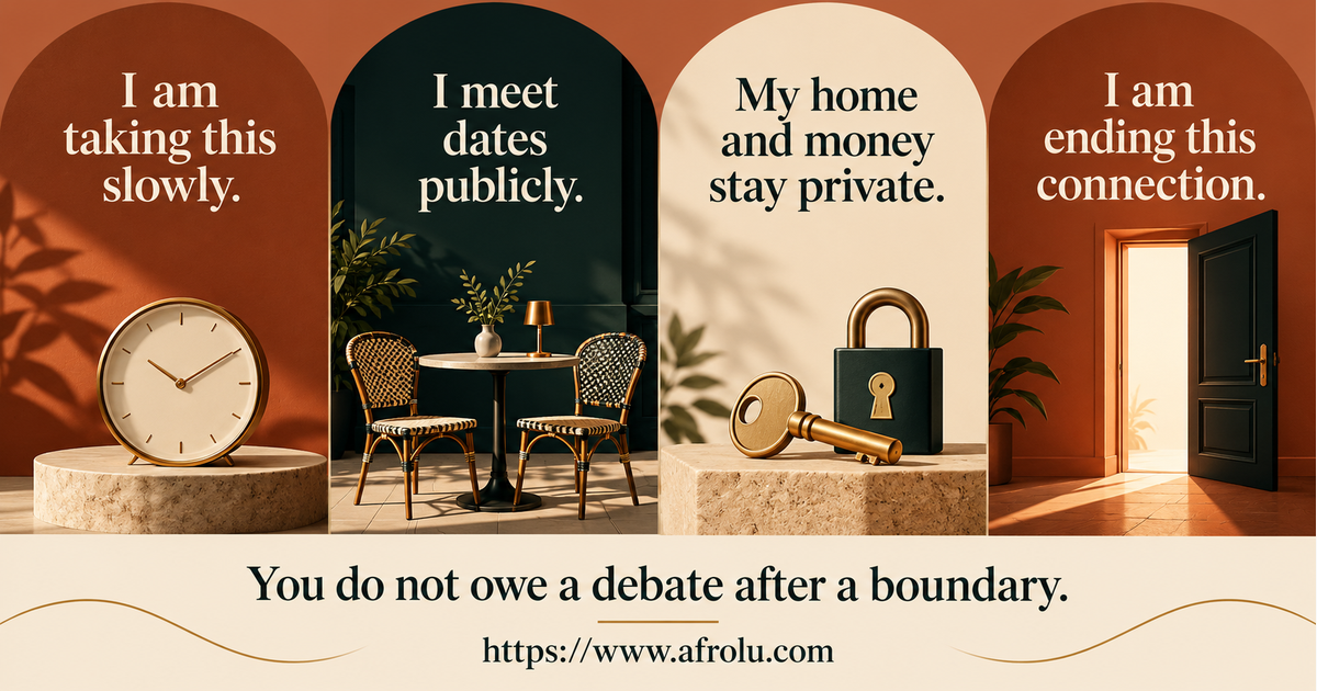 Four large plain-language boundary scripts for setting a pace, keeping dates public, protecting home and money privacy, and ending a connection for mature adults returning to dating