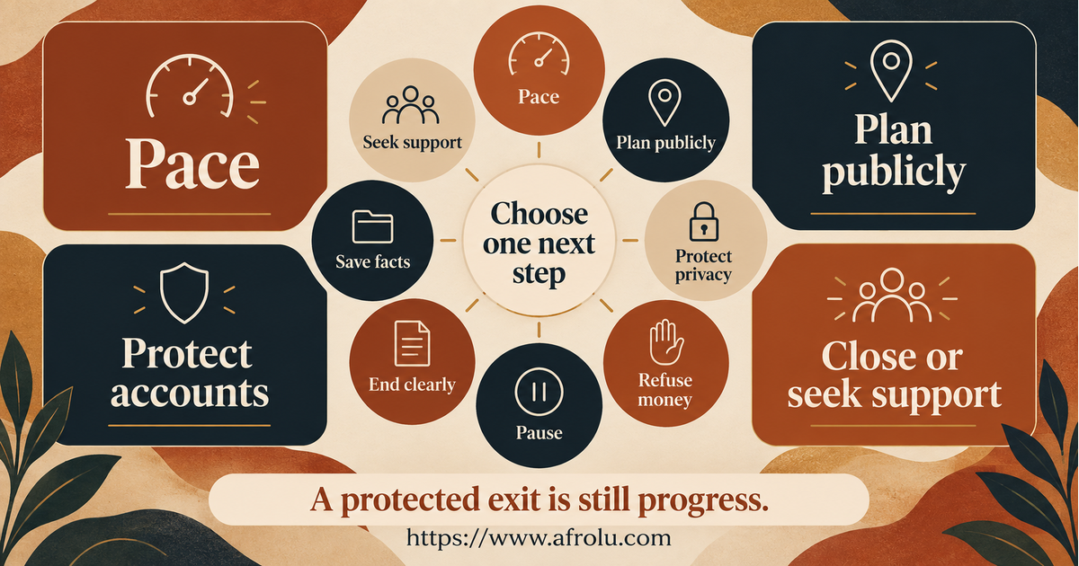 Equal-choice board for a returning adult dating later with options to pace a date, meet publicly, protect privacy, refuse money, pause, close contact, document concern and seek support