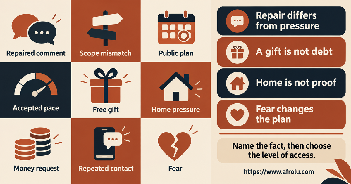 Nine-panel comparison of a repaired comment, serious or casual mismatch, public plan, accepted pace, free gift, home pressure, money request, repeated contact and fear for adults returning to dating
