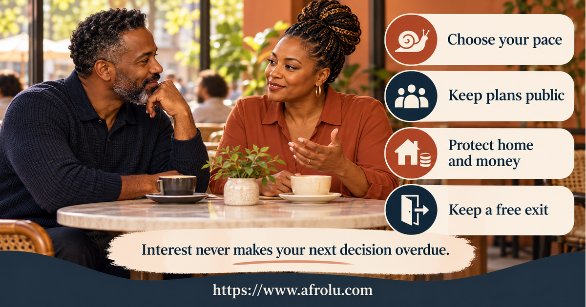 Mature adults at a calm public cafe use a choice map to protect pace, public plans, home privacy, money and a free exit while returning to dating