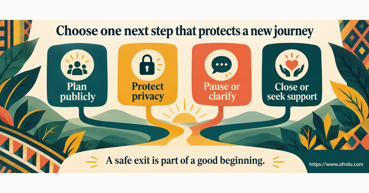 Eight equal-choice board for choosing a public venue, sharing less data, arranging transport, declining money, pausing a chat, asking for clarity, ending contact and seeking support