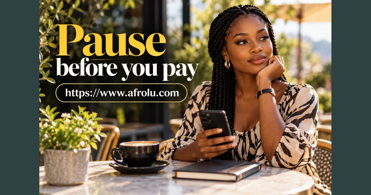 An adult woman considers her phone at an outdoor café.