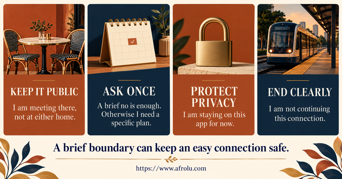 Four plain-language scripts for keeping a first date public, asking once after silence, declining private images or money pressure, and ending a casual connection