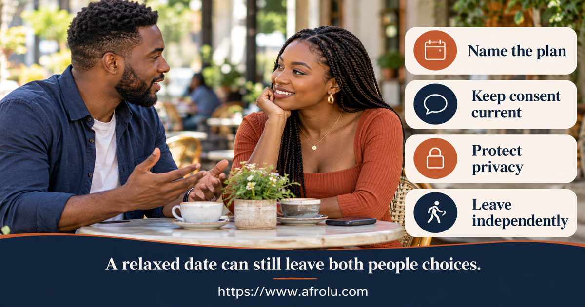 Two adults at a daytime public cafe use a simple choice map for a low-pressure casual date with public plans, consent, privacy, independent travel and a free exit