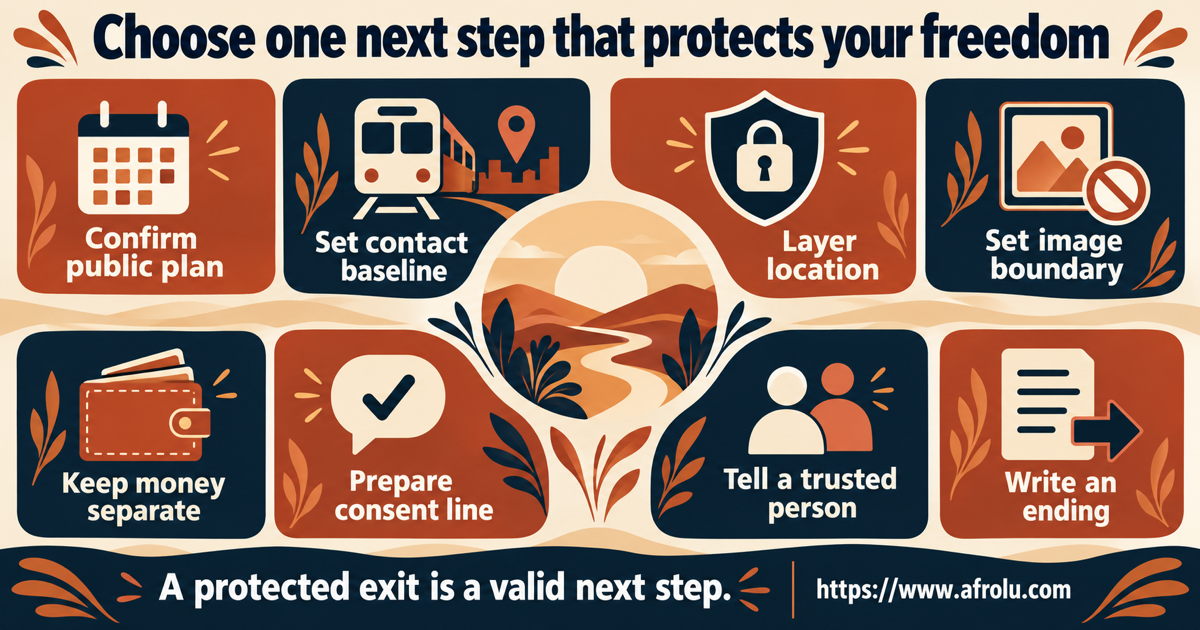 Equal-choice board for a person new to casual dating with choices to confirm a public plan, slow down, protect data, pause intimacy, end contact, document concern and seek support