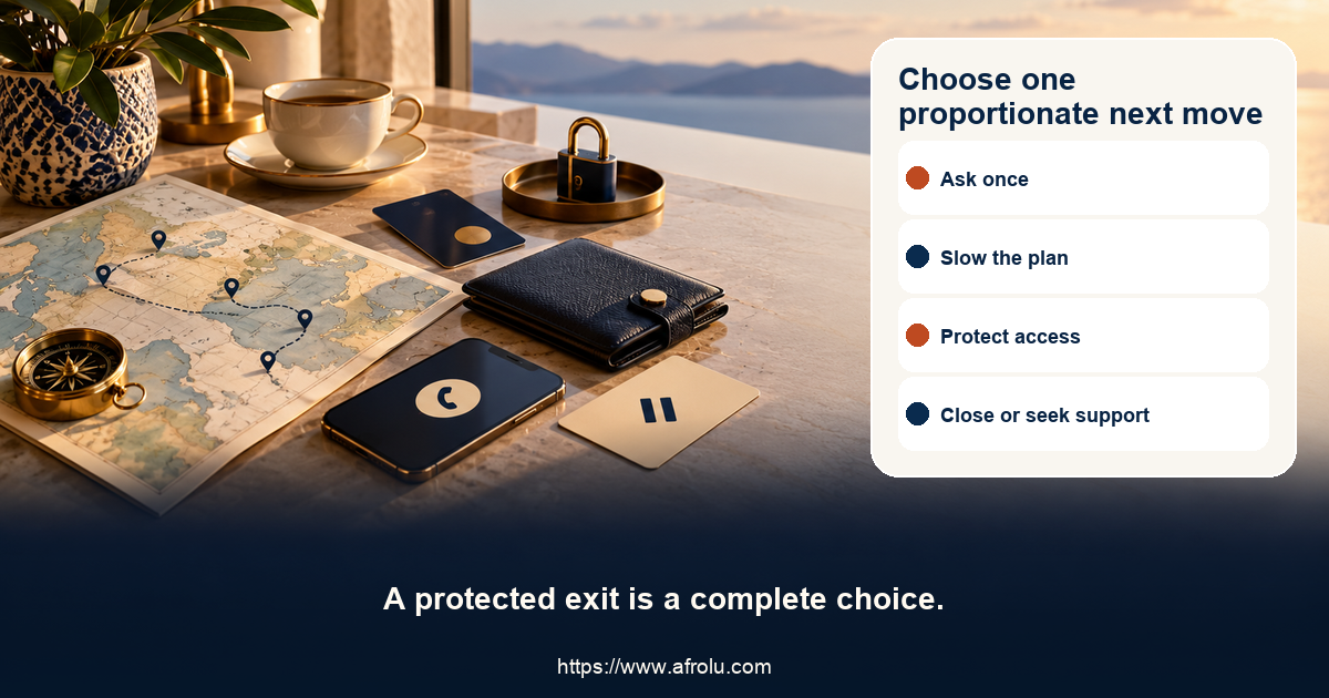 Equal-choice board for serious long-distance dating with options to ask one practical question, slow a visit, book independently, protect data, decline money, pause intimacy, end contact and seek support