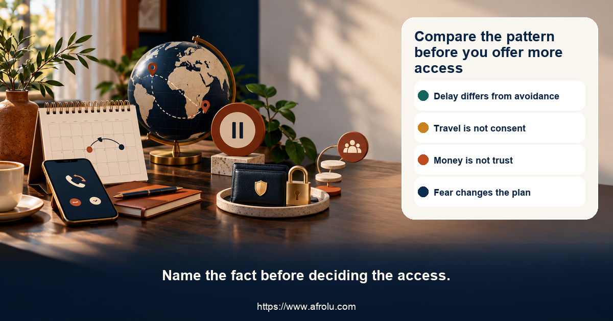 Nine-panel comparison for serious long-distance dating contrasts a delayed call, reciprocal verification, independent visit, future talk, repair, avoidance, travel leverage, money pressure and fear