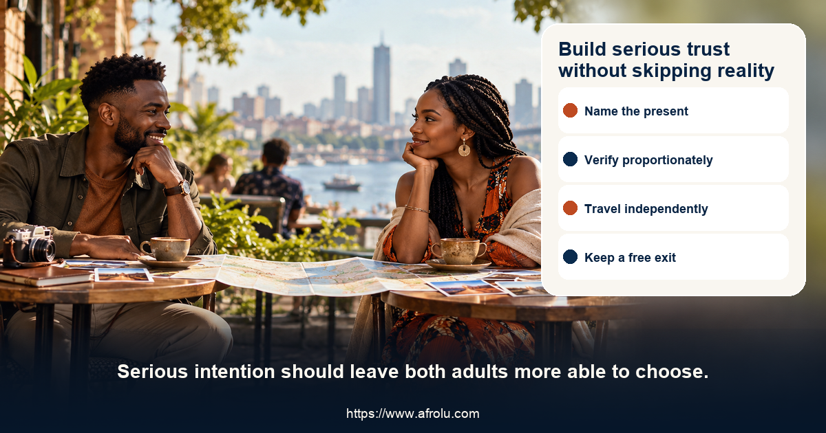 Two fictional adults aged over eighteen plan a serious long-distance meeting at separate public tables with a map, independent travel cards, a video-call check and a visible free-exit route