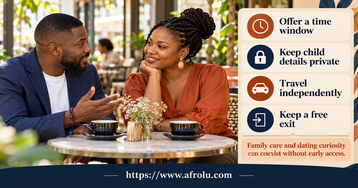 Parent at a public weekend cafe uses a family-safe dating plan map with a short time window, independent transport, child privacy, money boundary and a free exit