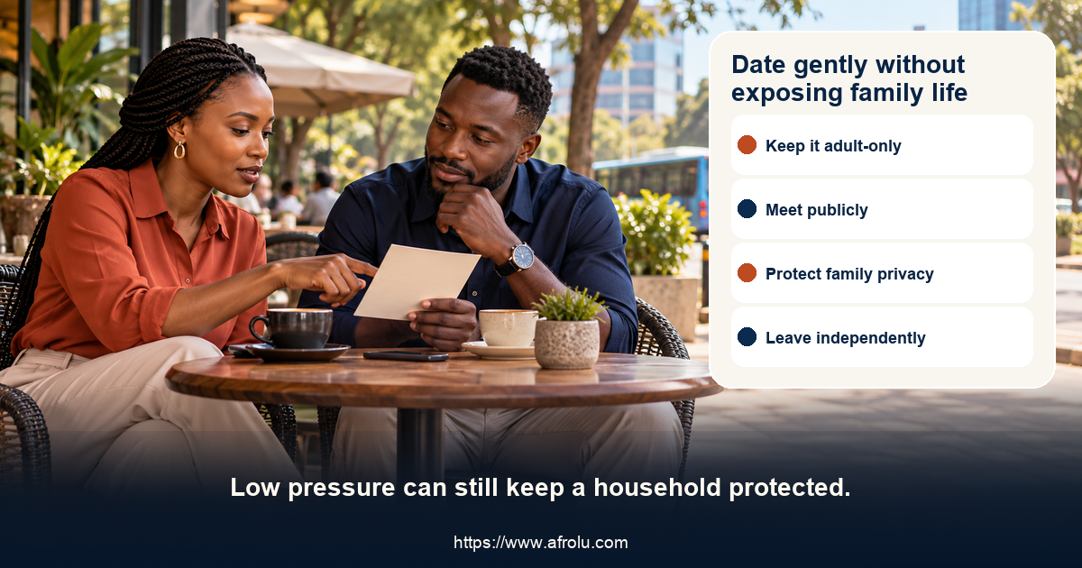 Two fictional adult daters at a calm public Nairobi cafe use a low-pressure plan card showing a public venue, independent transport, family privacy and a clear finish time