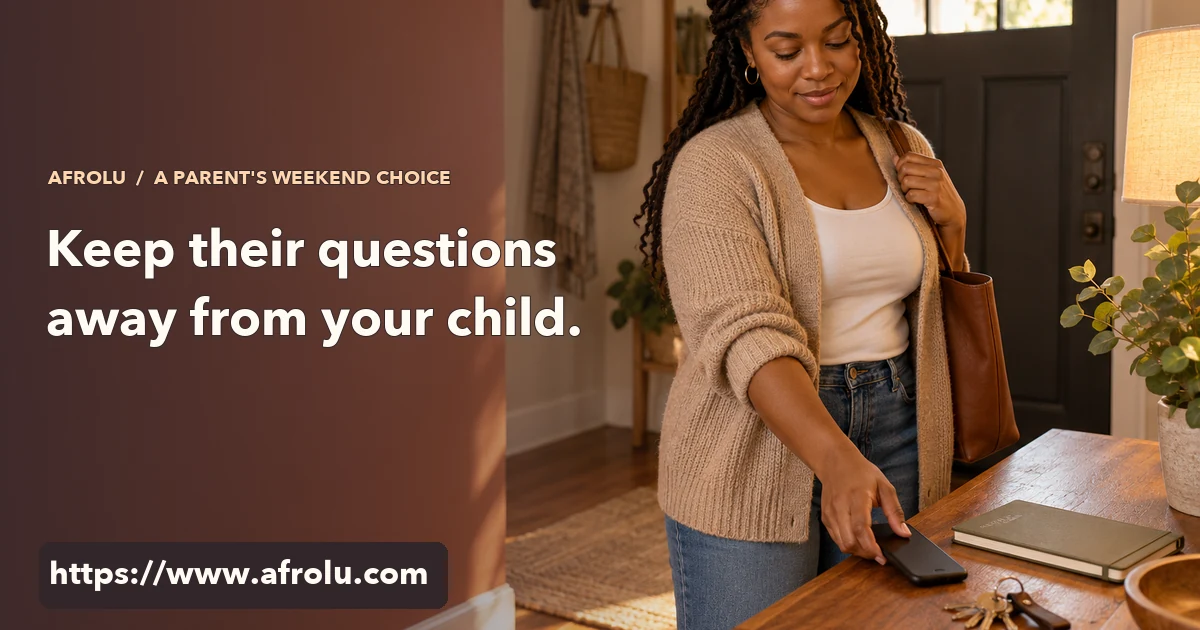 An adult parent sets a phone face down beside keys and a closed weekend planner, leaving family details out of a new dating chat.