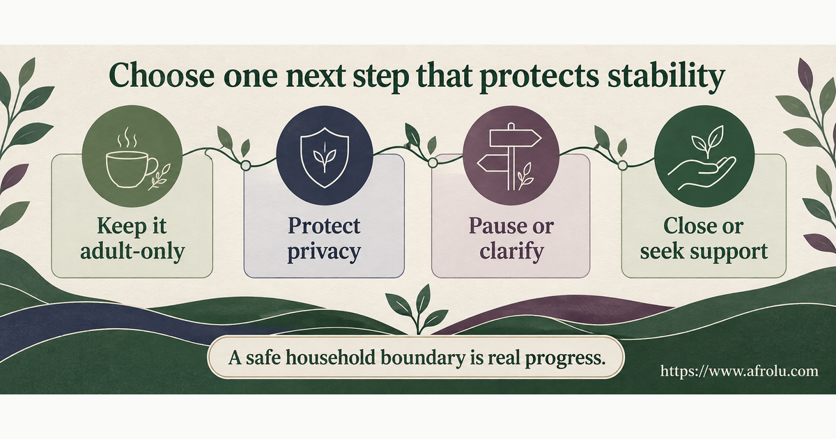 Eight equal-choice board for choosing an adult-only date, protecting child data, maintaining work privacy, arranging transport, declining money, pausing a chat, ending contact and seeking support