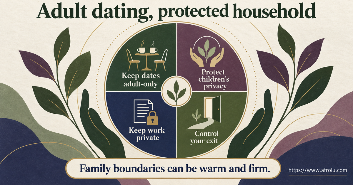 Adult parent in a calm public cafe uses a dating boundary map for adult-only dates, children’s privacy, career firewall, independent transport, money and a safe exit