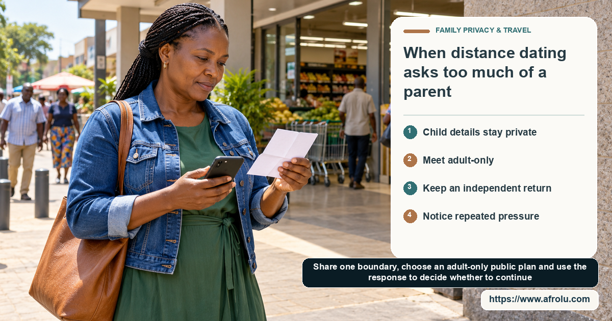 A Black adult checks a blank route slip outside a supermarket entrance while holding a phone face-down.