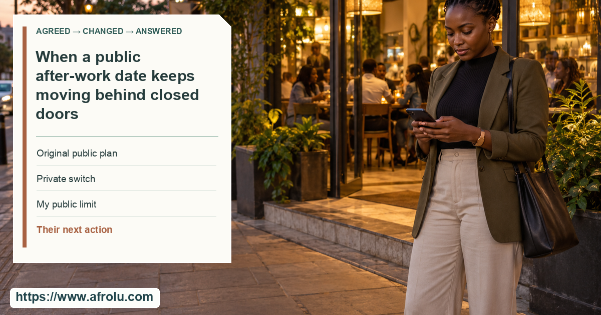 An adult pauses outside a bright public Nairobi café and reads a blank phone screen while the café entrance stays visible.