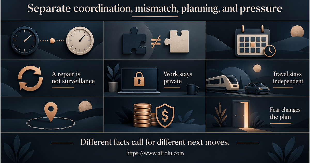 Nine-panel comparison of a busy week, repaired missed call, sustainable rhythm, independent visit, work privacy, location pressure, workplace contact, money request and clear safety exit