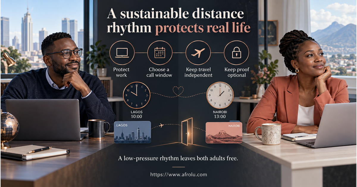 Two adult professionals in separate time zones use a calm long-distance operating map for work privacy, call windows, independent travel, money boundaries, digital limits and a safe exit