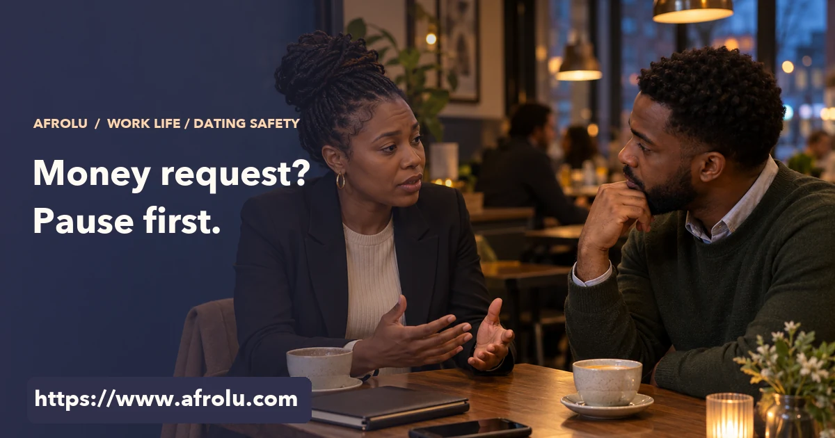 Two adult colleagues talk over an unlit phone at a café after work, taking time before a dating decision.