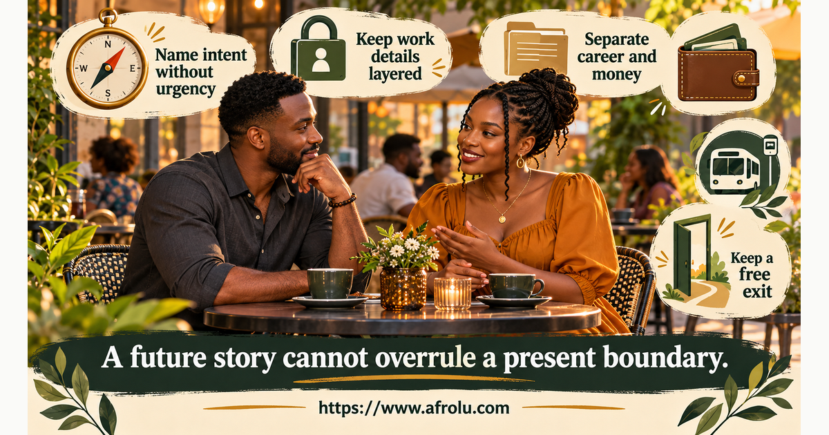 Two fictional professionals at a calm public cafe use a serious-dating choice architecture for intent, work privacy, career boundaries, money, consent and a free exit