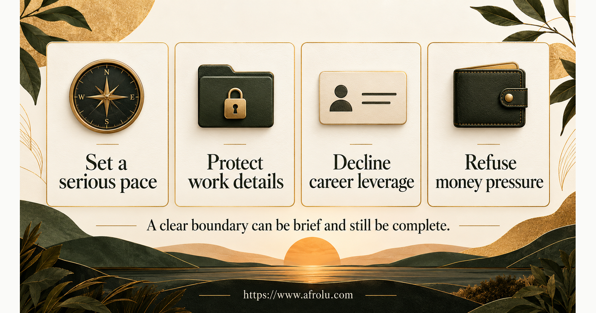 Four large plain-language scripts for setting a serious pace, protecting work details, declining career leverage and refusing money pressure in professional dating