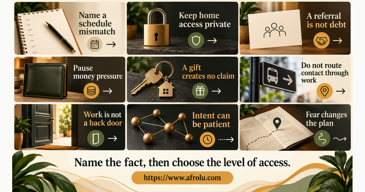 Nine-panel comparison of serious intent, schedule mismatch, work privacy, career favour, home boundary, free gift, money request, professional contact and fear in professional dating