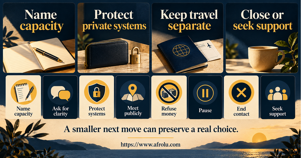 Equal-choice board for adult student long-distance dating with options to set capacity, ask for clarity, protect accounts, choose public travel, refuse money, pause, end contact, document concern and seek support