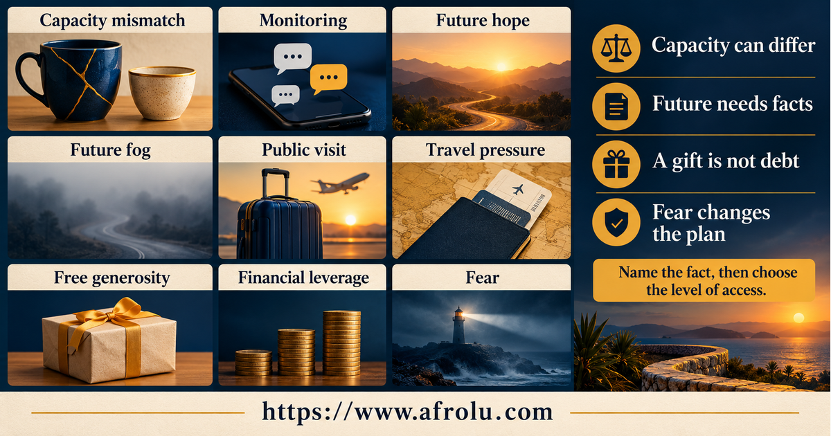 Nine-panel comparison of a repaired missed call, capacity mismatch, present agreement, future fog, public travel, account privacy, free gift, money pressure and fear in adult student long-distance dating