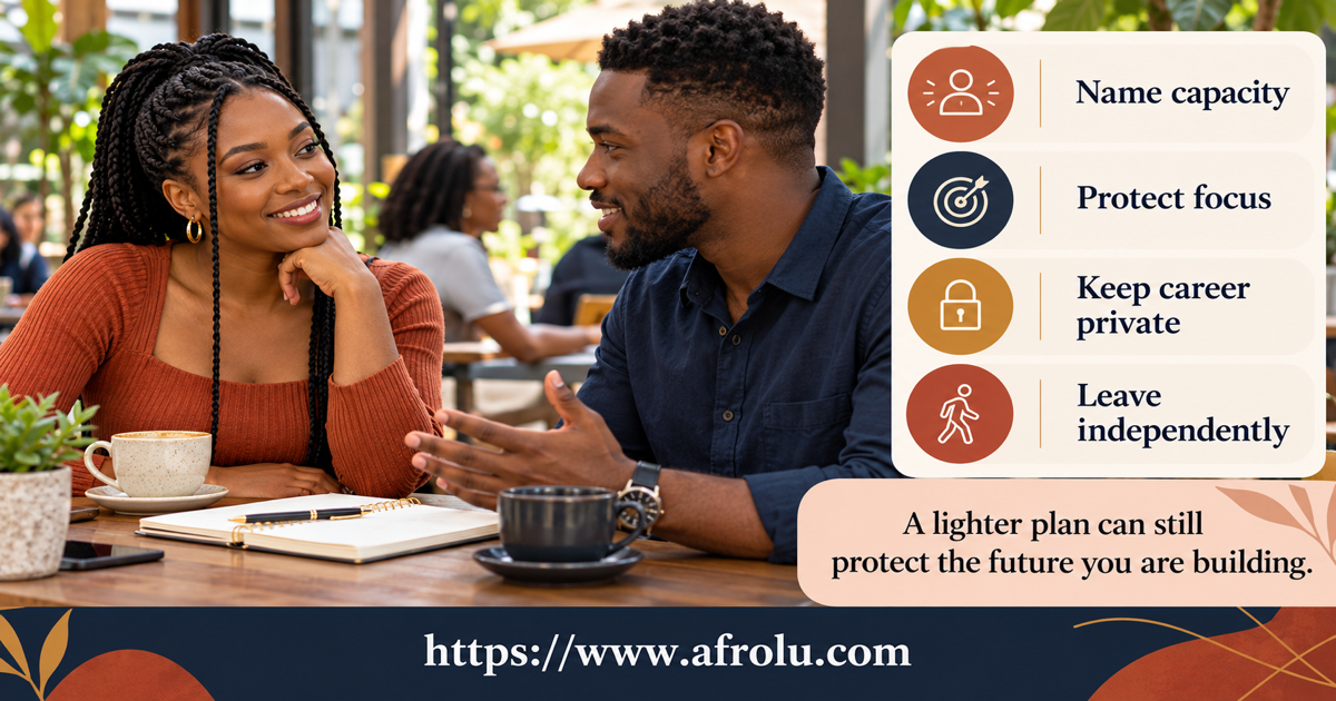 Adult student at a public daytime cafe uses a low-pressure career-season dating map with a study boundary, public plan, career privacy, money rule and independent exit