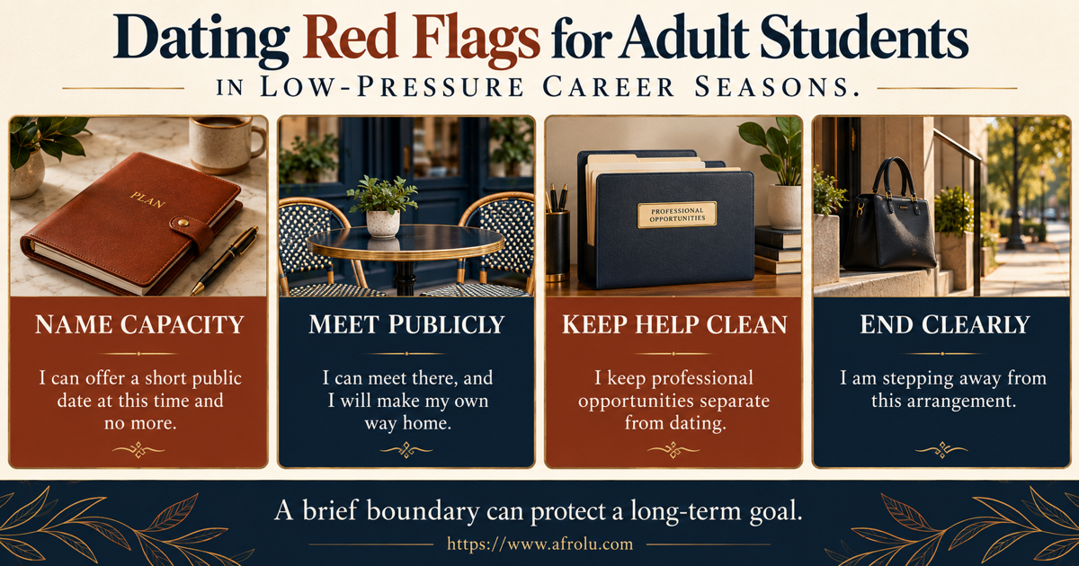 Four large plain-language scripts for an adult student to state capacity, keep a date public, separate career help from dating and end unwanted contact