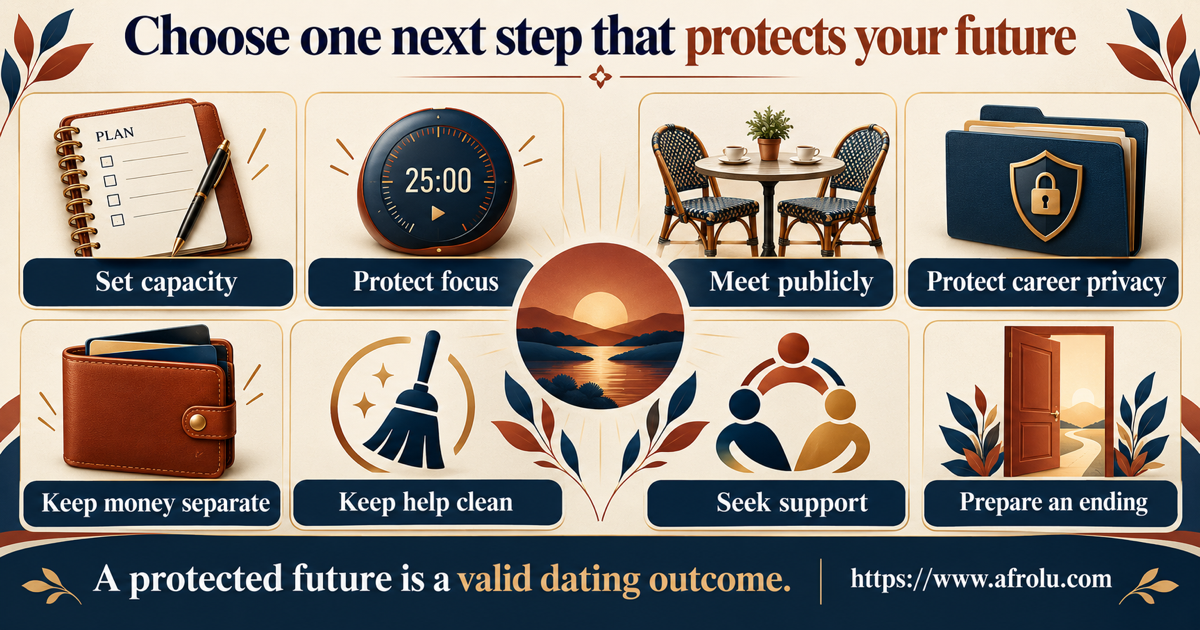 Equal-choice board for adult student dating in a career-heavy season with choices to set capacity, protect study time, keep plans public, decline leverage, pause, end contact, document concern and seek support