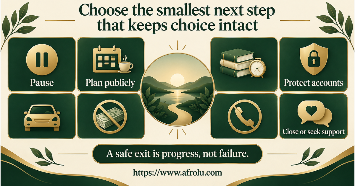 Eight equal-choice board for pausing a chat, choosing a public date, protecting study time, declining money, reviewing settings, ending contact, documenting concern and seeking support