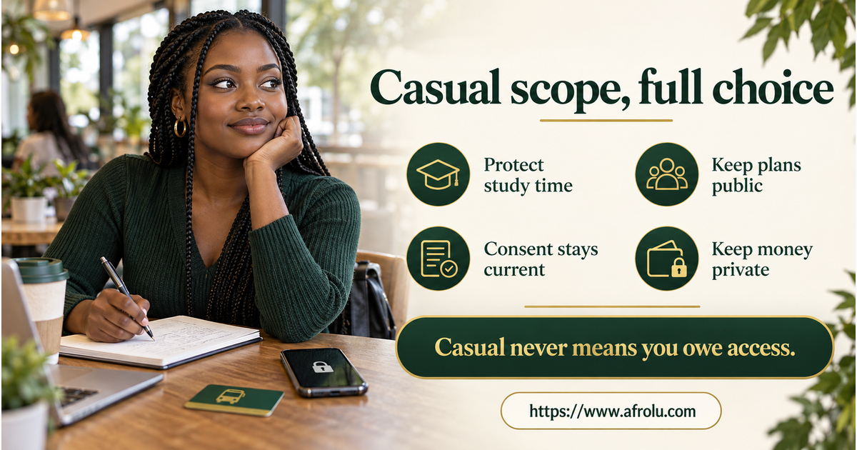 Adult student in a library cafe uses a calm casual-dating choice map for study time, public plans, consent, money boundaries and a safe exit