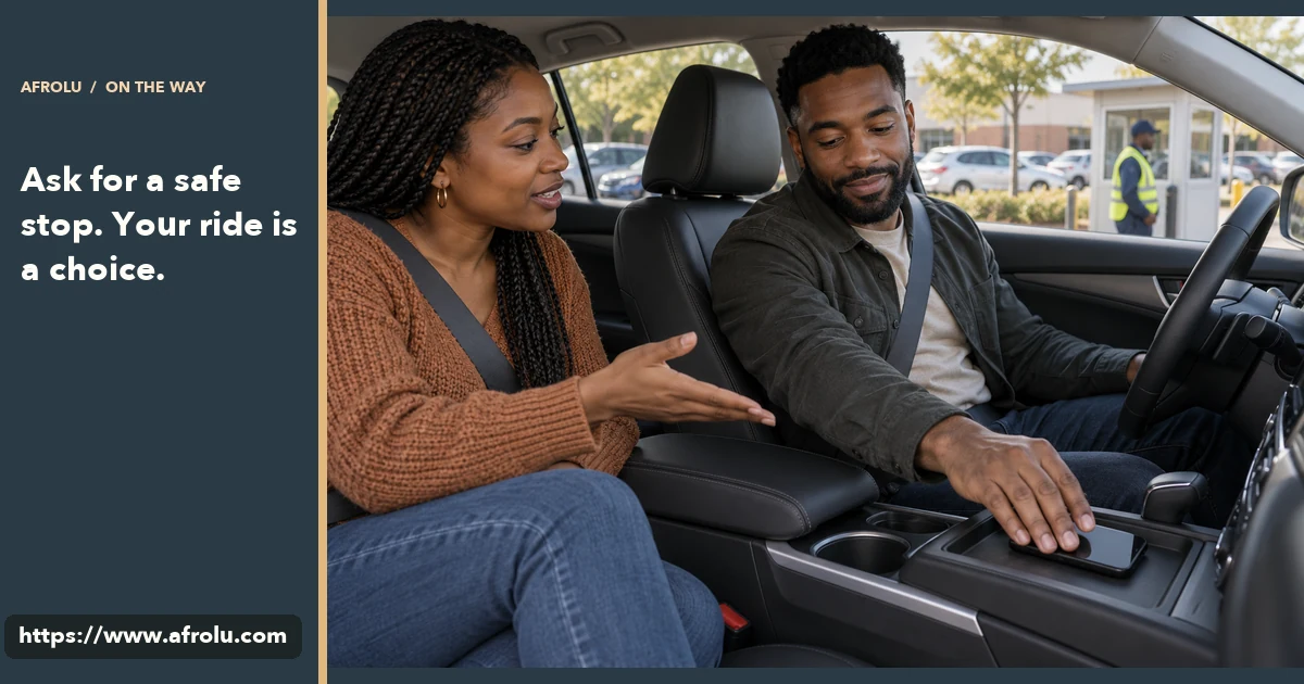 Two adults sit in a safely parked car; the passenger speaks calmly while the driver puts a phone away.