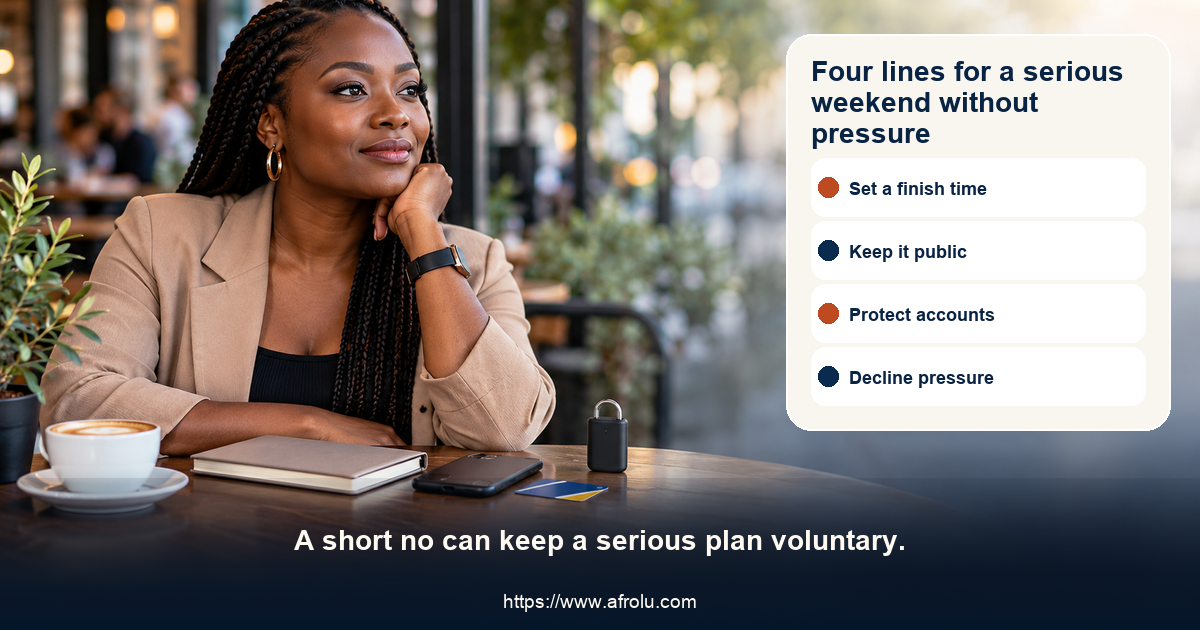 Four plain-language scripts for setting a weekend end time, keeping a date public, protecting adult study accounts and declining money or pressure in serious dating