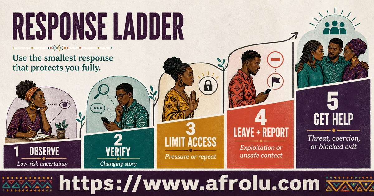Dating red flag response ladder showing observe, verify, limit access, leave, and get help