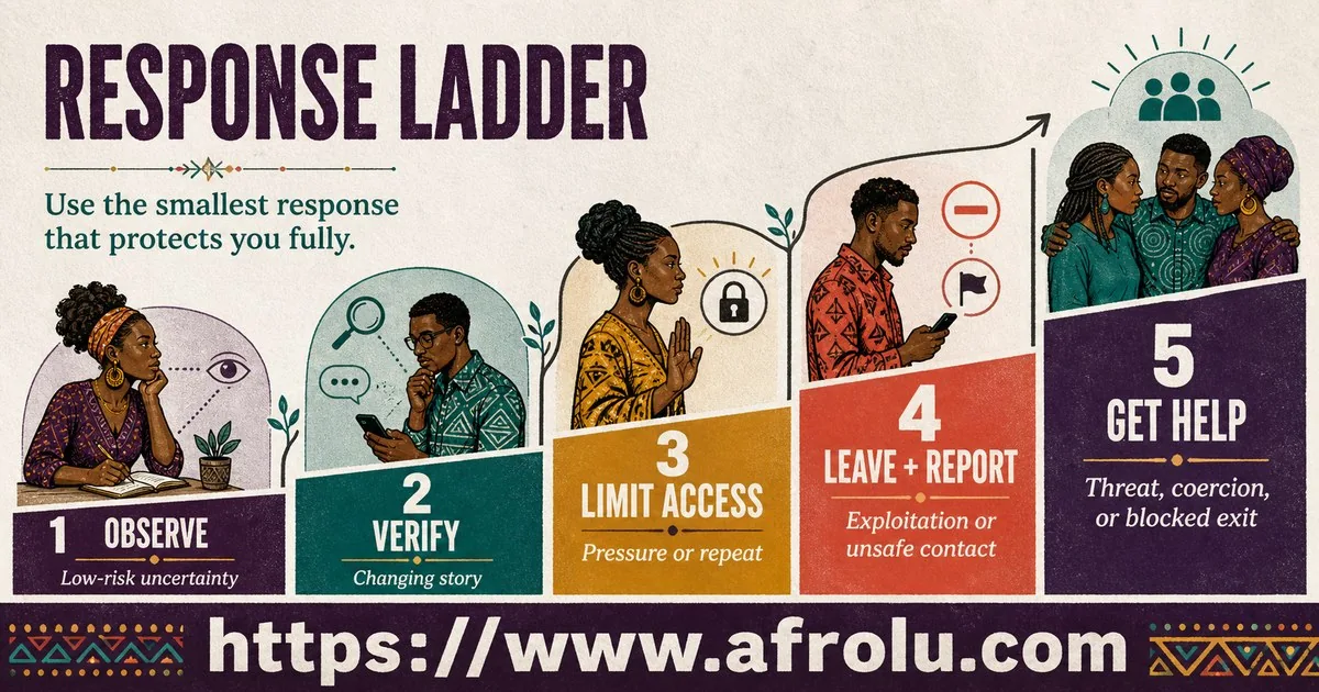 Dating red flag response ladder showing observe, verify, limit access, leave, and get help