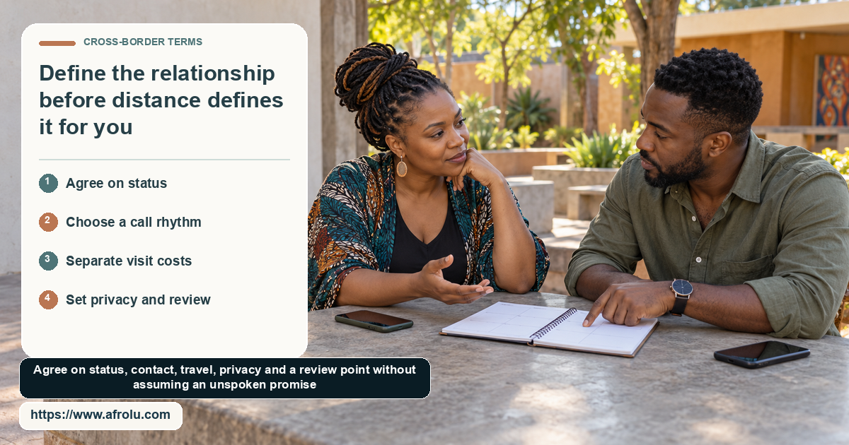 Two adult Black people discuss a blank planner at an open-air courtyard table, with phones set aside.