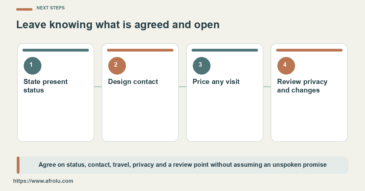 Four phases move from present status to contact, travel and a later review.