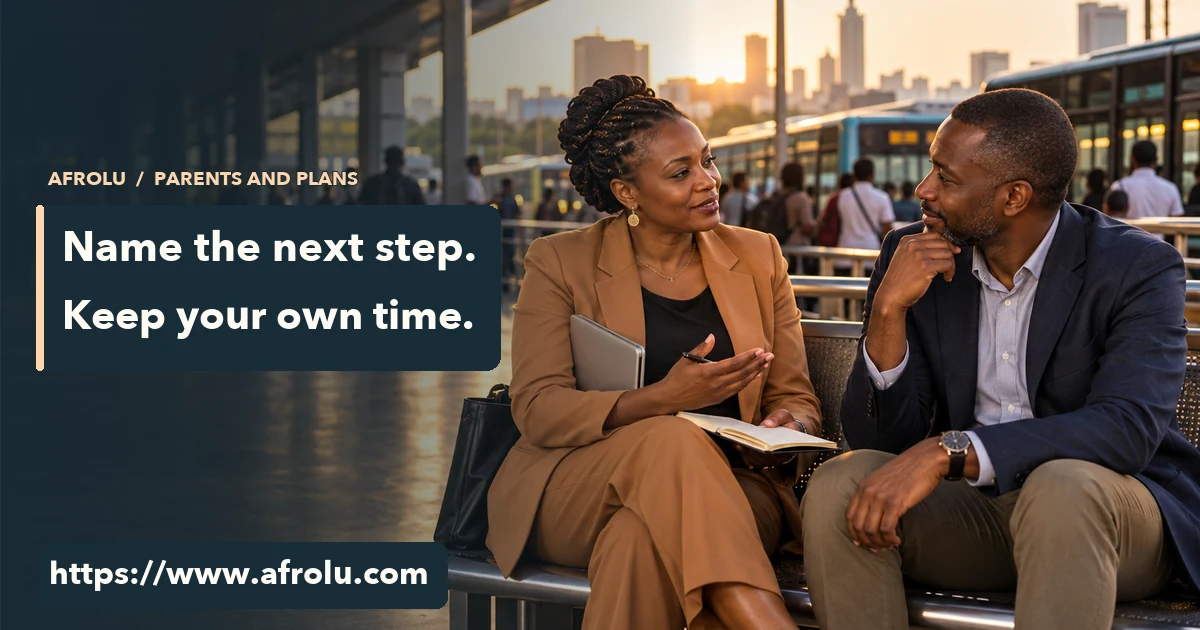 Two adult parents talk beside a Nairobi transit shelter after work, with their own bags and a public route home.